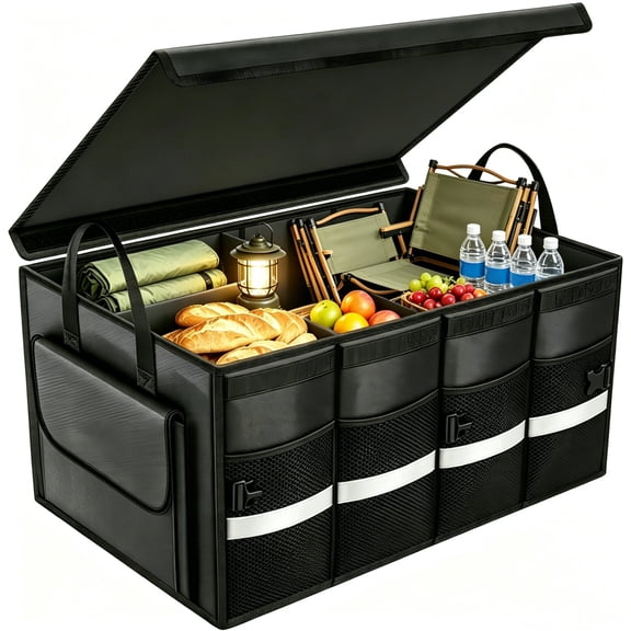 WYAJU Car Trunk Organizer, Foldable Trunk Organizer Waterproof Car Storage Organizer with 4 Mesh Pockets, Non Slip Bottom for SUV/Truck/Sedan/Camping/Road Trip Camping