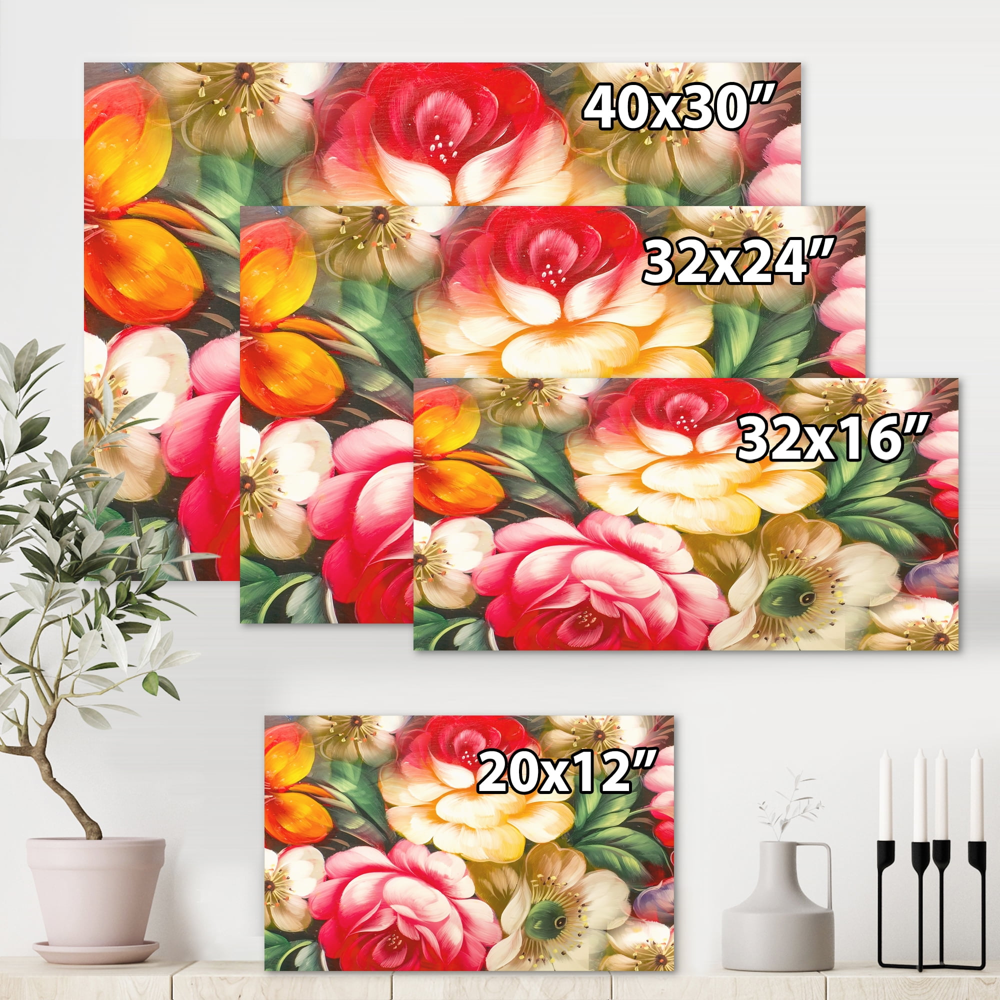Red and Yellow VIntage Flowers 8 in x 12 in Painting Canvas Art Print, by Designart