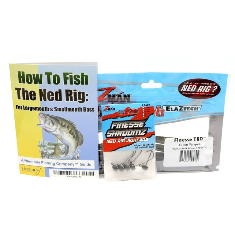 Ned Rig Kit - Z-Man Finesse T.R.D. 8pk + Finesse Shroomz Jig Heads 5pk  Green Pumpkin + How To Fish The Ned Rig Guide 