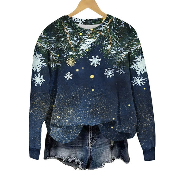 Fall Fashion Must Haves Womens Cozy Round Neck Pullover Sweatshirt Long Sleeve Snowflake Print Christmas Top My Items