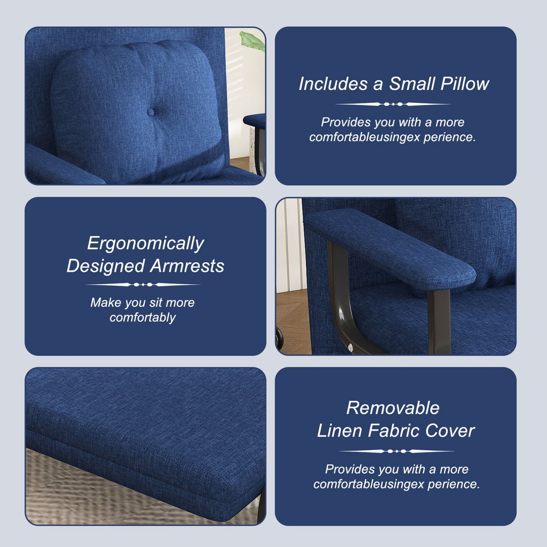 3-in-1 Folding Sofa Bed Chair, Adjustable Sleeper Chair with 5-Position Backrest & Pillow for Bedroom Office, Blue