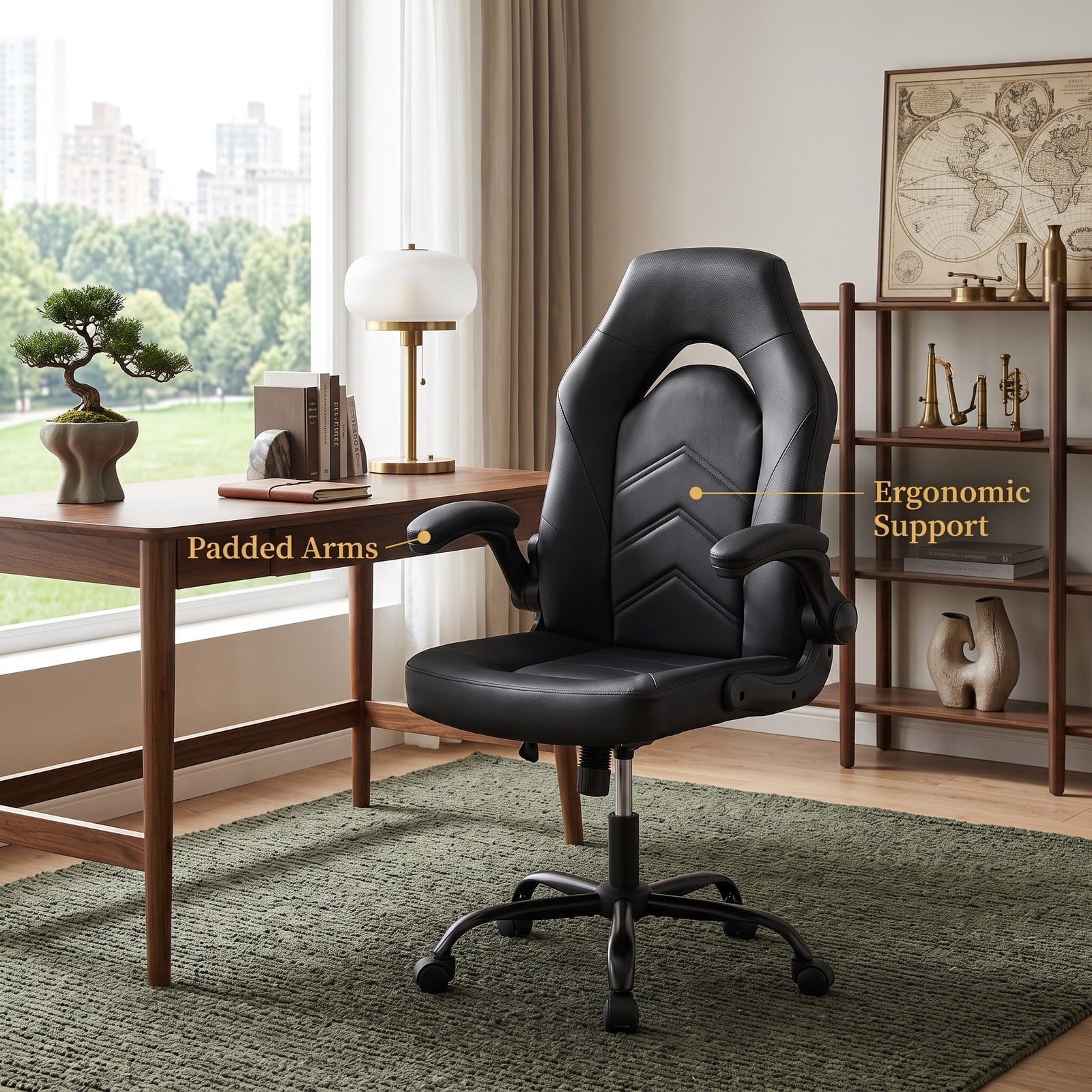 Furnibear Ergonomic Leather Office Chair, High Back Executive Computer Desk Chair with Flip-up Armrests, Adjustable Height Swivel Task Chair, Rolling Rocking, Black