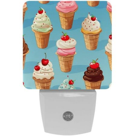 

Ice Cream LED Square Night Light - Energy Efficient Plug-in Nightlight with Auto Sensor for Bedroom Bathroom and Hallway - Soft Glow Illumination - White Pack of 2