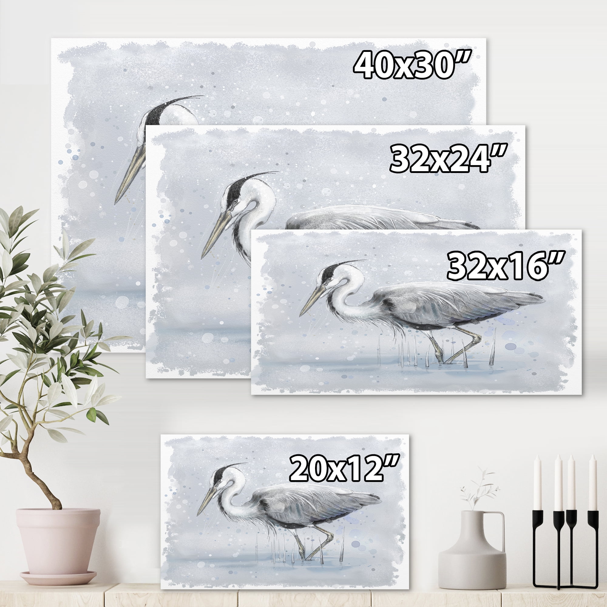 Designart ' Grey Heron Bird In Lake ' Farmhouse Canvas Wall Art Print