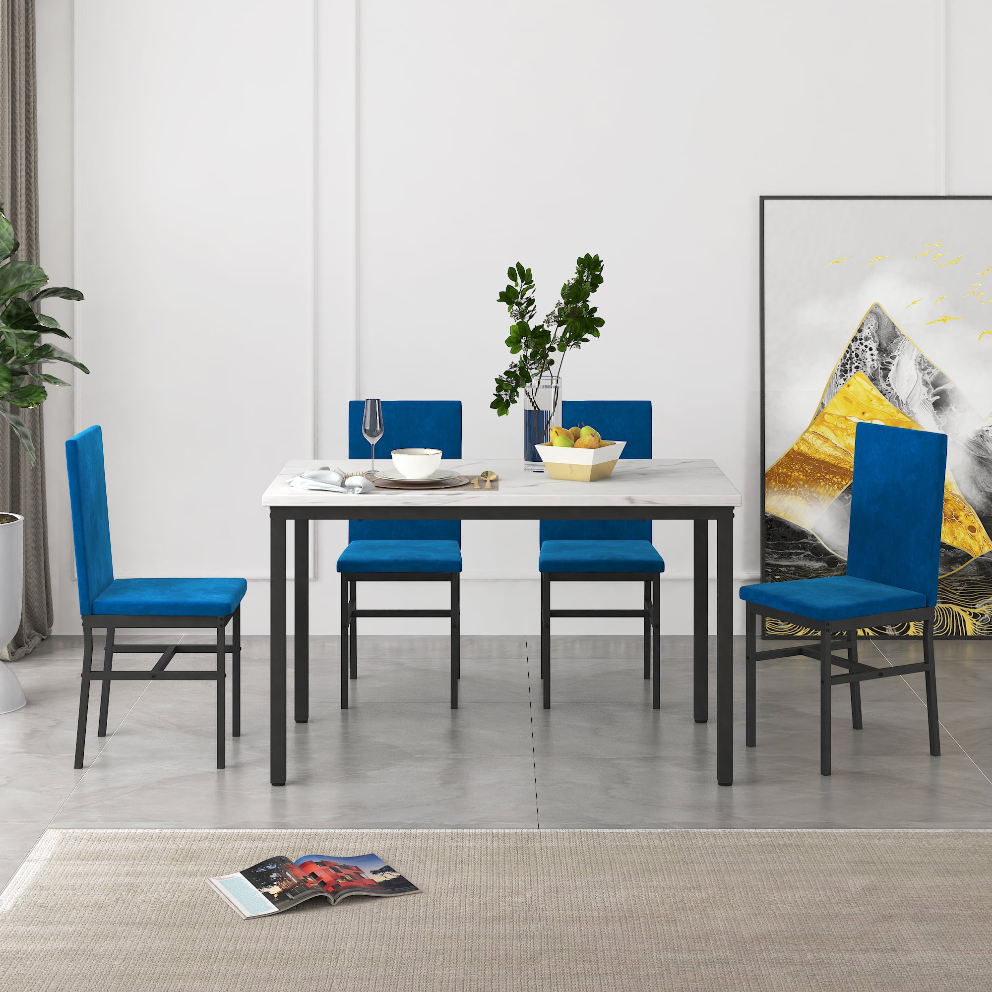 UHOMEPRO 5 Pieces Dining Table Set, Marble Top Dining Table and Chairs Set for 4, Blue Sturdy Iron Frame Dining Room Table Set with 4 Velvet Upholstered Chairs for Small Dining Room