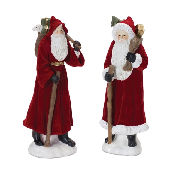 Melrose Set of 2 Standing Santa with Hood and Staff Christmas Figurines 12"
