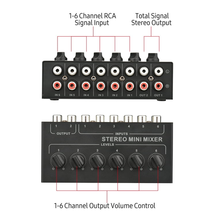 Mini Stereo 6 Channel Passive Mixer RCA Portable Audio Mixer 6 In 2 Out  Stereo Distributor Control No Battery Required 