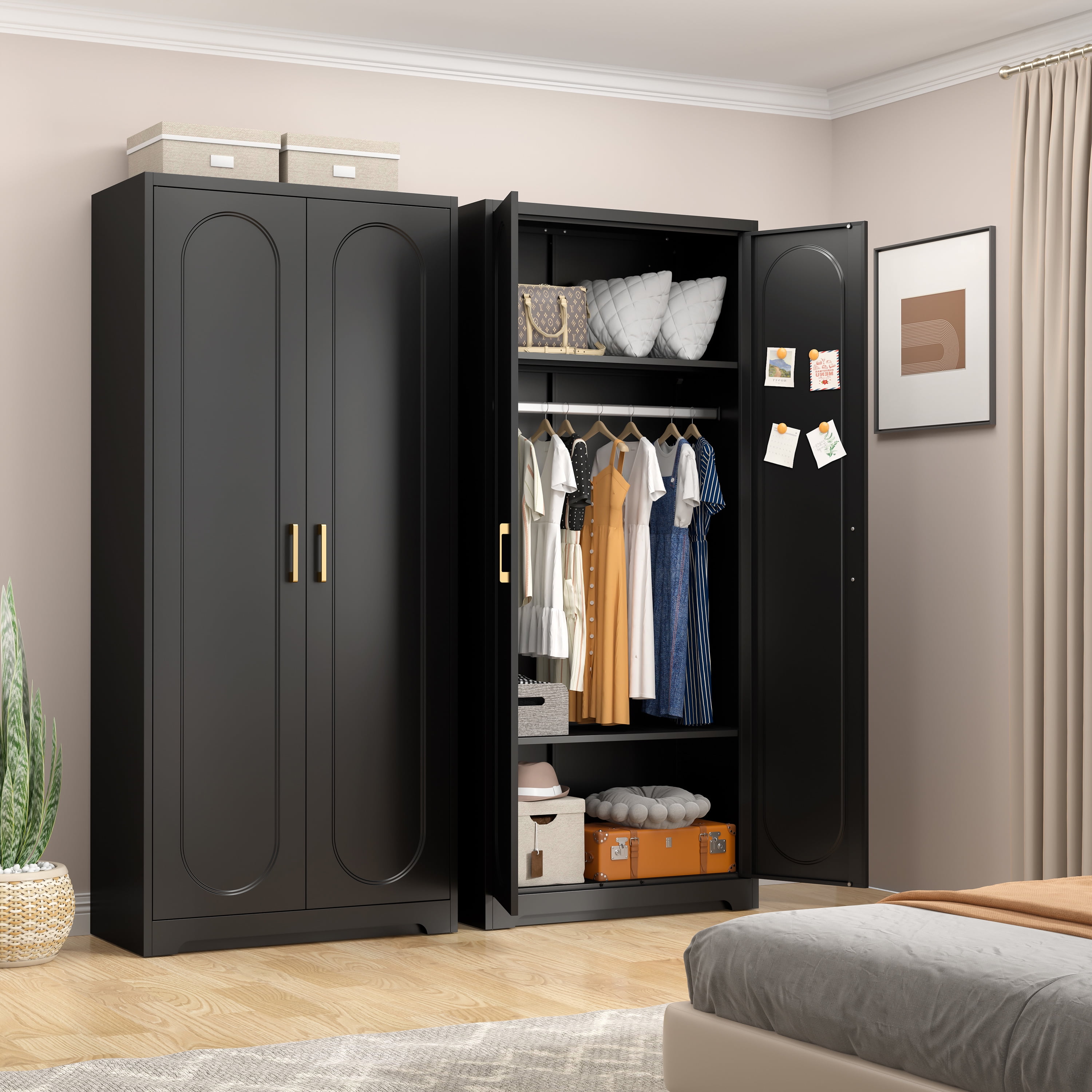 Polup 71" H Modern Steel Sturdy Armoire Cabinet with Shelves and Hanging Rod, Adult Bedroom Wardrobe Closet with Doors