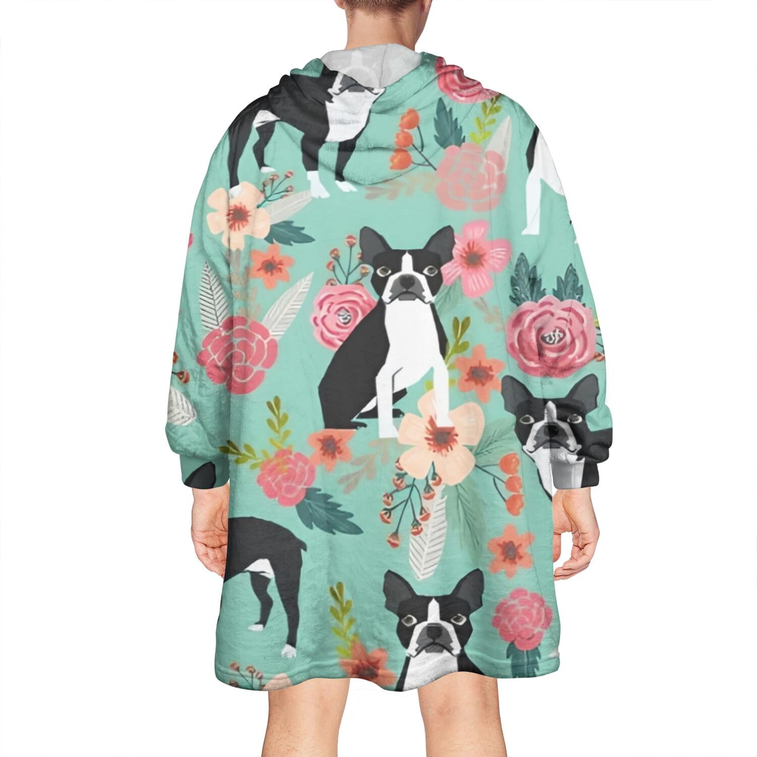 Wearable Oversized Blanket,Boston Terrier Floral Flowers Wearable Blanket Hoodie for Adults,Cozy Hooded Blankets with Super Pockets,Super Warm Fuzzy Pullover for Women & Men