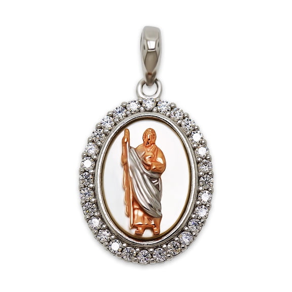 Silver Saint Jude Pendant Charm - 925 Sterling Silver - Cubic Zirconia/Mother of Pearl  - Religious Jewelry - St Jude Jewelry