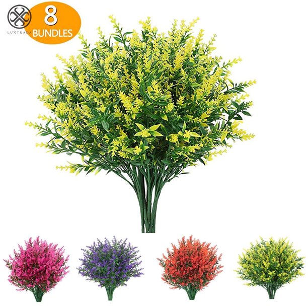 Luxtrada - 8 paquetes de flores artificiales para exterior, plantas de enredadera, vegetación artificial para interiores y exteriores, plantas colgantes, jardín, porche, ventana, jardinera, hogar,