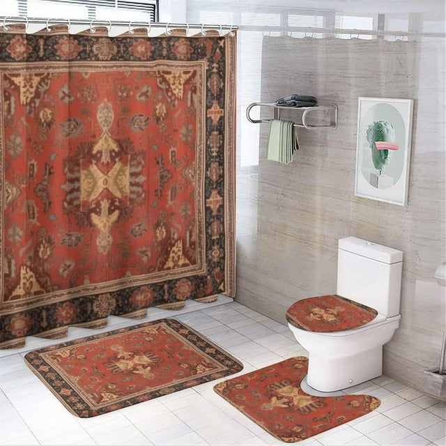 Faty-T 4 Piece Bathroom Rug Set with Shower Curtain Red Taupe Beige Dark Brown Art Pattern with Non-Slip Rugs Toilet Lid Cover and Bath Mat Abstract Oil Painting Shower Curtain with 12 Hooks