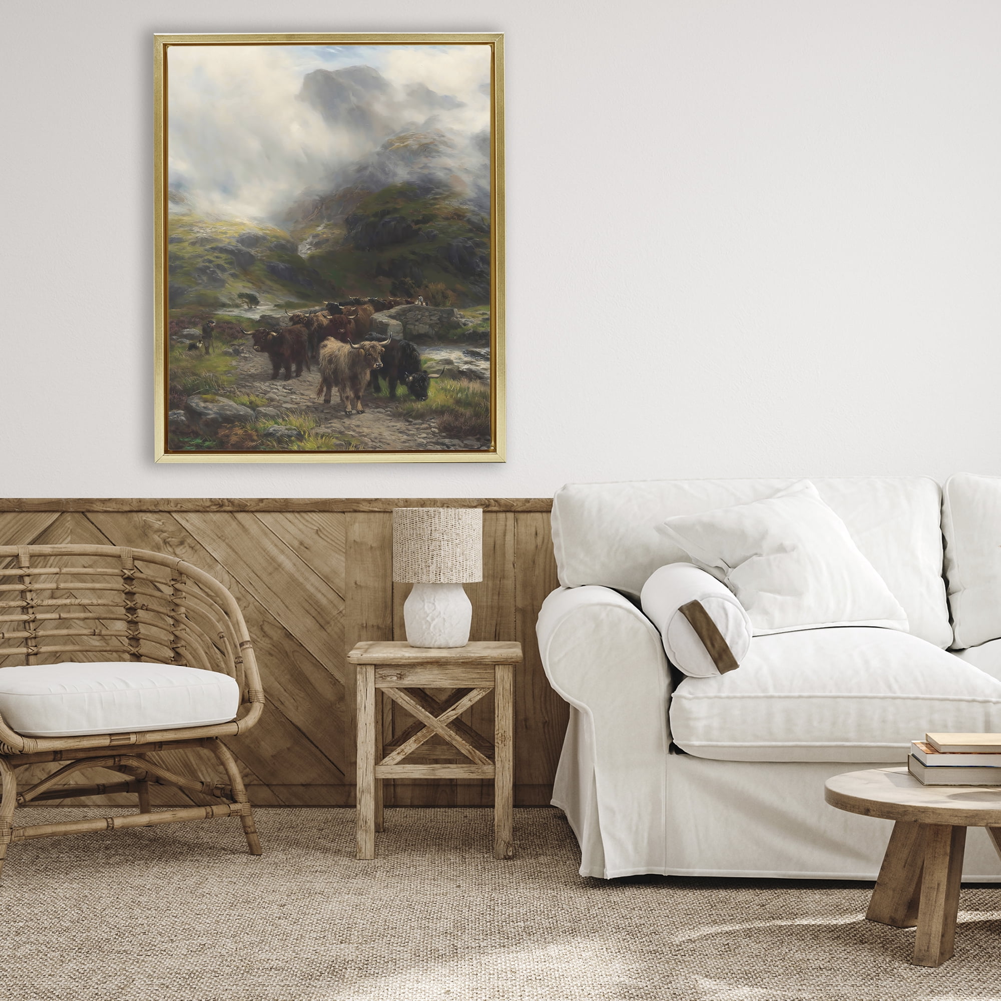 Stupell Industries Moody Highland Cows Herd Gold Framed Floater Canvas Wall Art, design by Arlington Prints