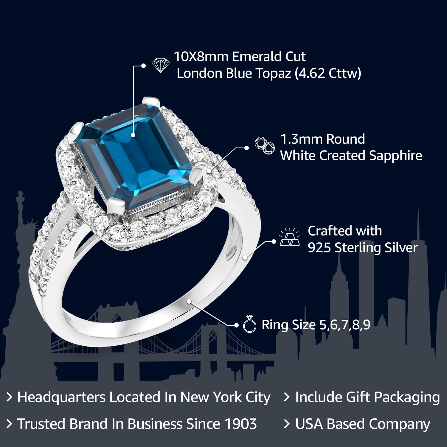 Gem Stone King 4.62 Cttw London Blue Topaz Engagement Ring for Women | Emerald Cut 10X8MM | 925 Sterling Silver | Gemstone Birthstone | Wedding Engagement Anniversary Promise Ring for Women | Size 5