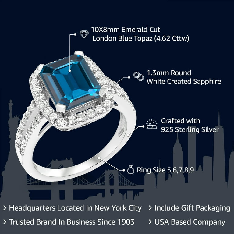 London Blue Topaz Ring Engagement Ring Emerald Cut Blue Gemstone Sterling on sale Silver Ring