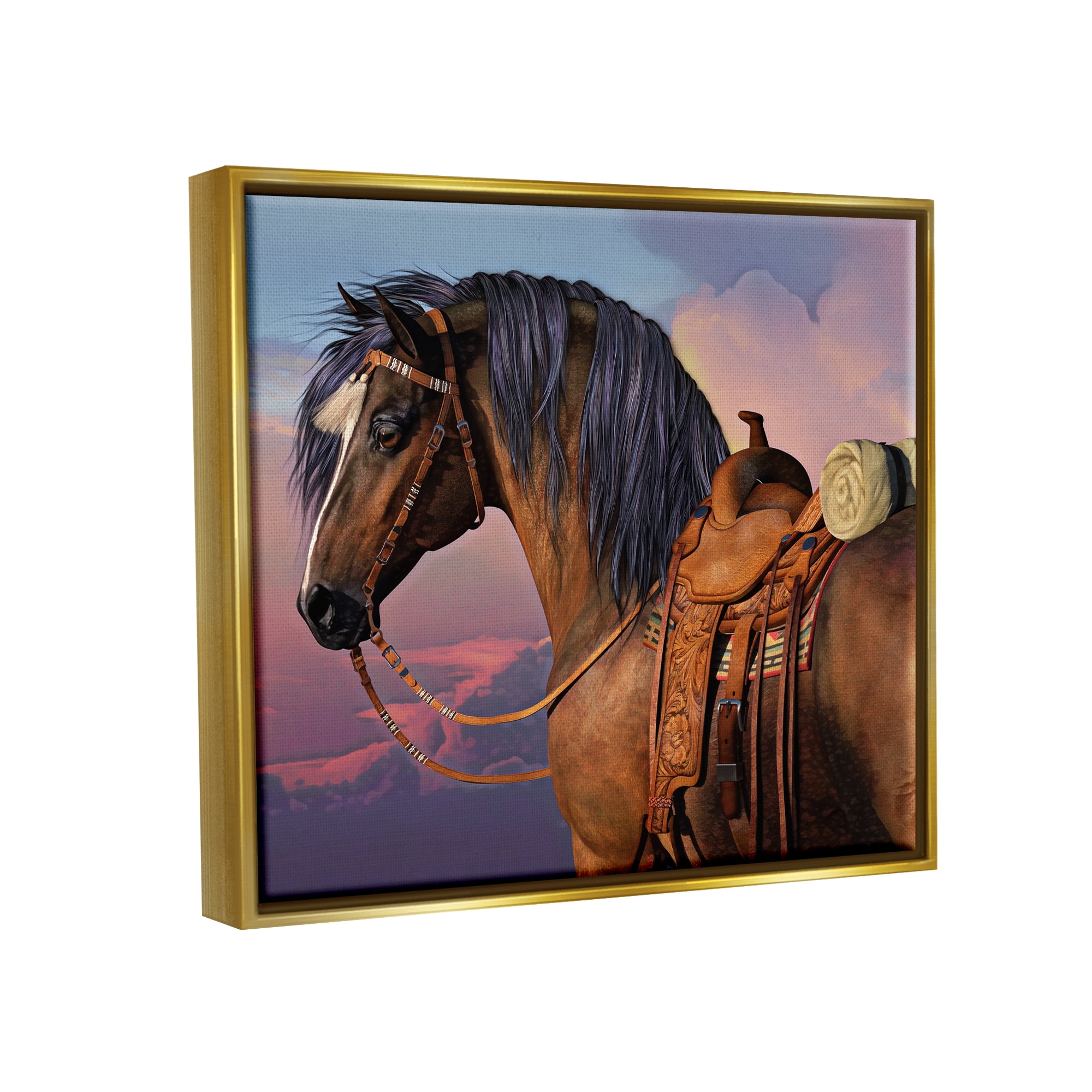 Stupell Industries Cowboy's Pride Horse & Saddle Animals & Insects Painting Gold Floater Framed Canvas Art Print Wall Art, 21 x 17