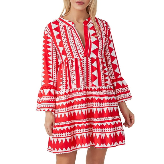 Liacowi Women Bobo Dress Summer Flowy Dress Casual Contrast Color Loose V Neck Long Sleeve Short Dress for Beach Streetwear