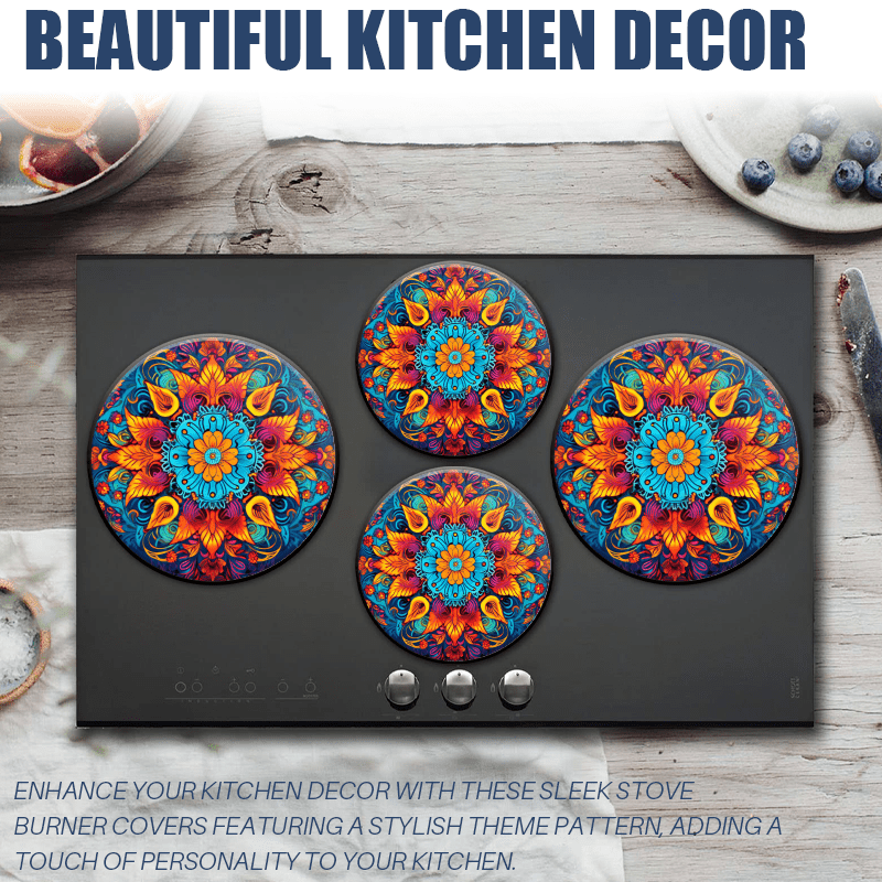 BaHomeck Electric Stove Burner Covers Set of 4,Round Metal Gas Stove Burner Covers 8 Inch and 10 Inch,Kitchen Decor,Vibrant Mandala Pattern With Intricate Floral