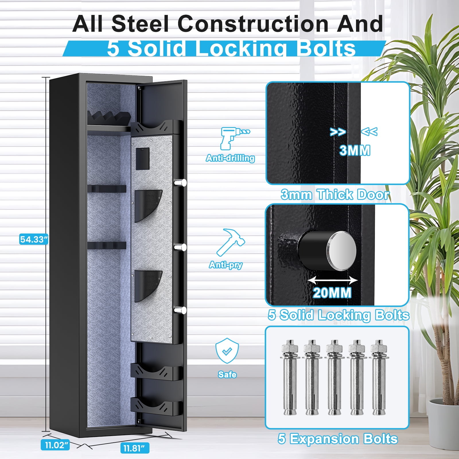 Gun Safe, Biometric Fingerprint 3-5 Long Gun Safes for Guns and Pistols, Quick Access Gun Storage Cabinets for Shotguns with LED Light & Removable Shelf