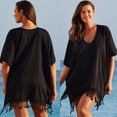 thumbnail image 2 of Mialoley Femmes Bikini Cover Up Robe Solide Manches Courtes V-Cou Pompon Ourlet Robe, 2 of 6