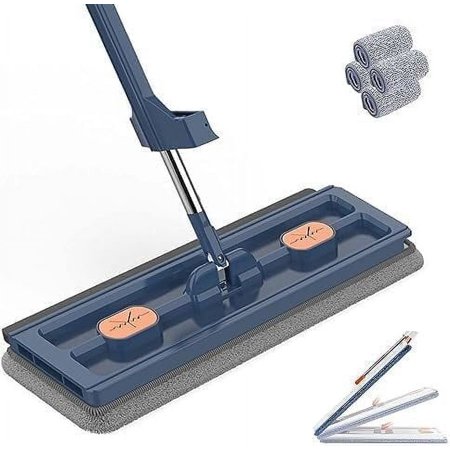 2023 New Style Large Flat Mop, Large Flat Mop, Wall Cleaning Mop with Long Handle, Stainless Steel Long Handle Mop with 4 Microfiber Pads for Floors, Corner, Window (Color : Blue)