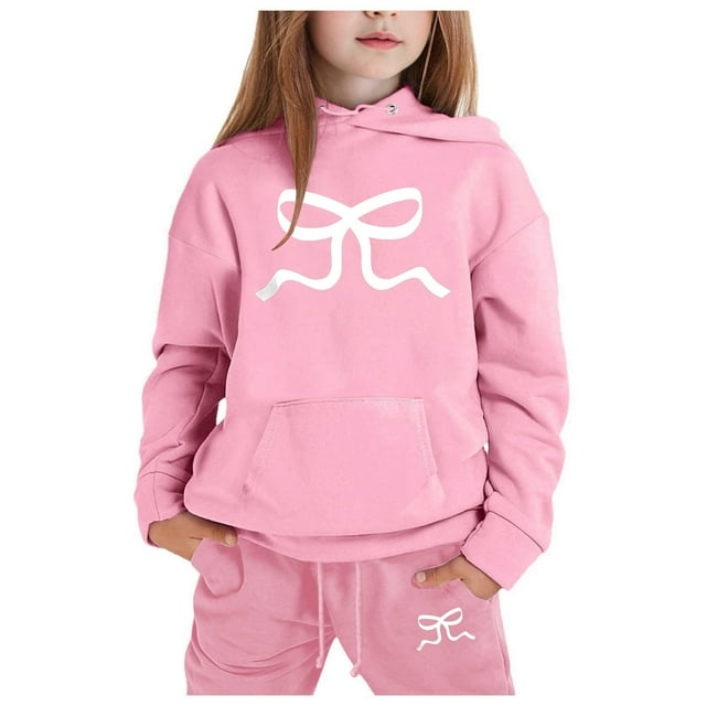 FhsagQ Outfits for Girls Children's Hoodie Set with Bow Print Girl Spring Outfits Size 8 Spring 8-9Years