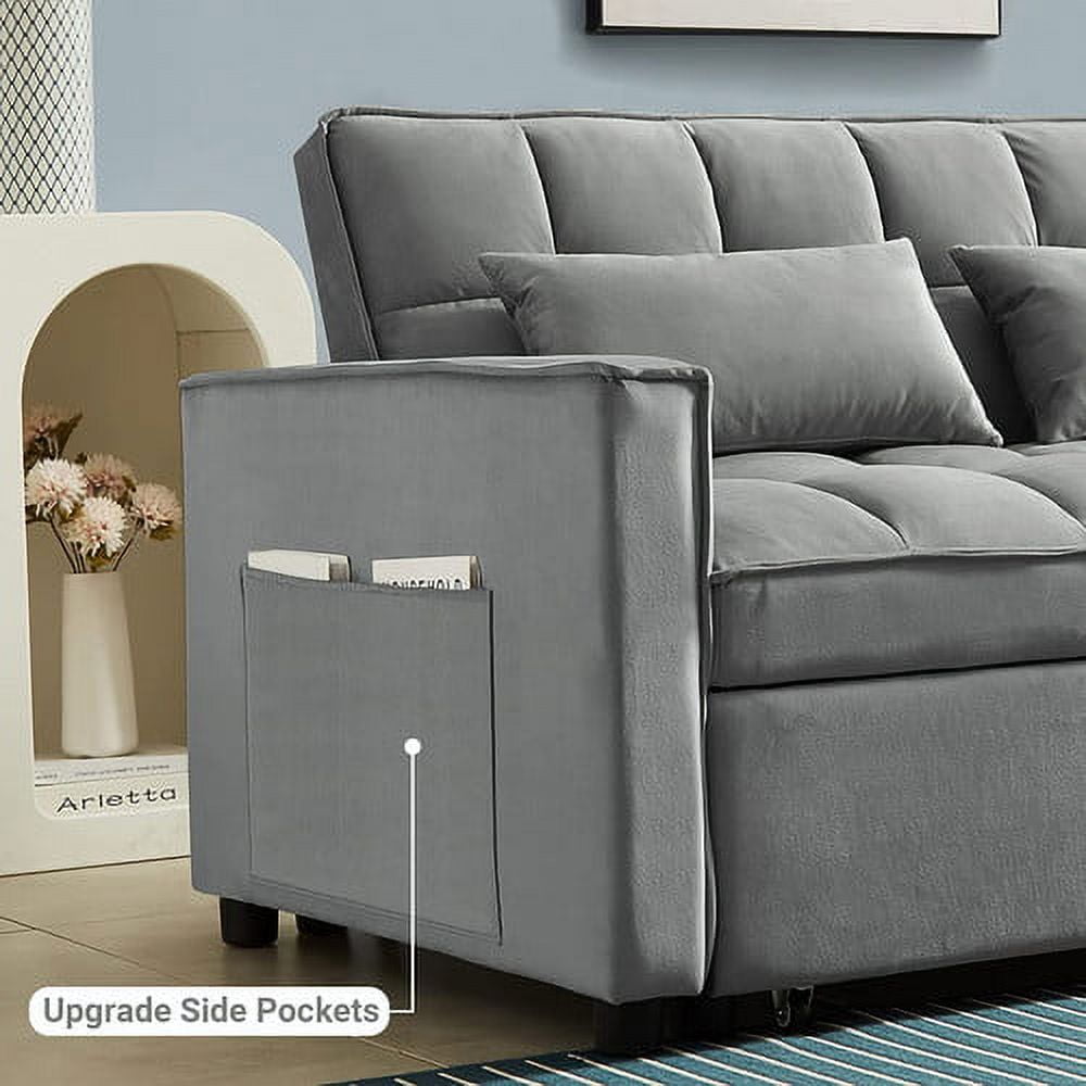 Muumblus 55" Pull Out Futon Sofa Bed, Convertible Sleeper Loveseat with Adjsutable Backrest, Modern Velvet Couch for apartment, Grey