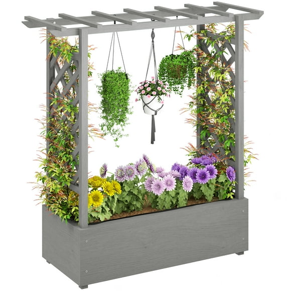 Outsunny Raised Planter with Trellis, Elevated Wood Planter Box with Liner