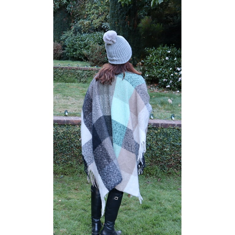 Soft Fleece Ruana Blanket Wrap Cozy Shawl Color Block Green