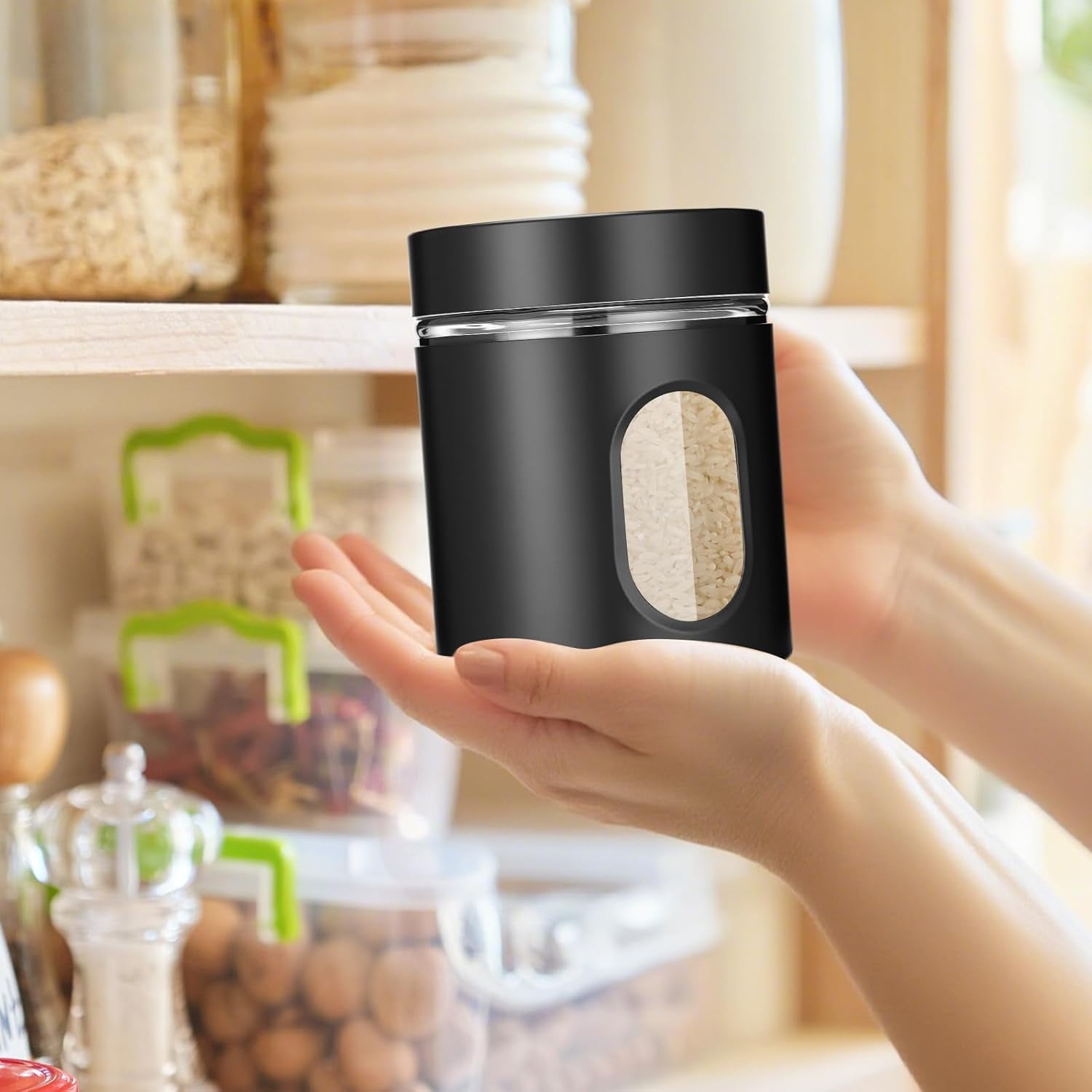 6 Pack Kitchen Canisters Set 20 oz Airtight Stainless Steel Canister Food Storage Container with Window Glass, Coffee Sugar Candy Jars Tea Organizer for Flour Cookies Spice Kitchen (Black)