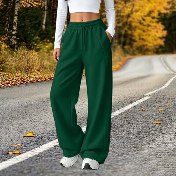 Guieoi Pants for Women Plus Size Casual Drawstring with Elastic Waist Straight-Leg Back Pockets Trousers Green S