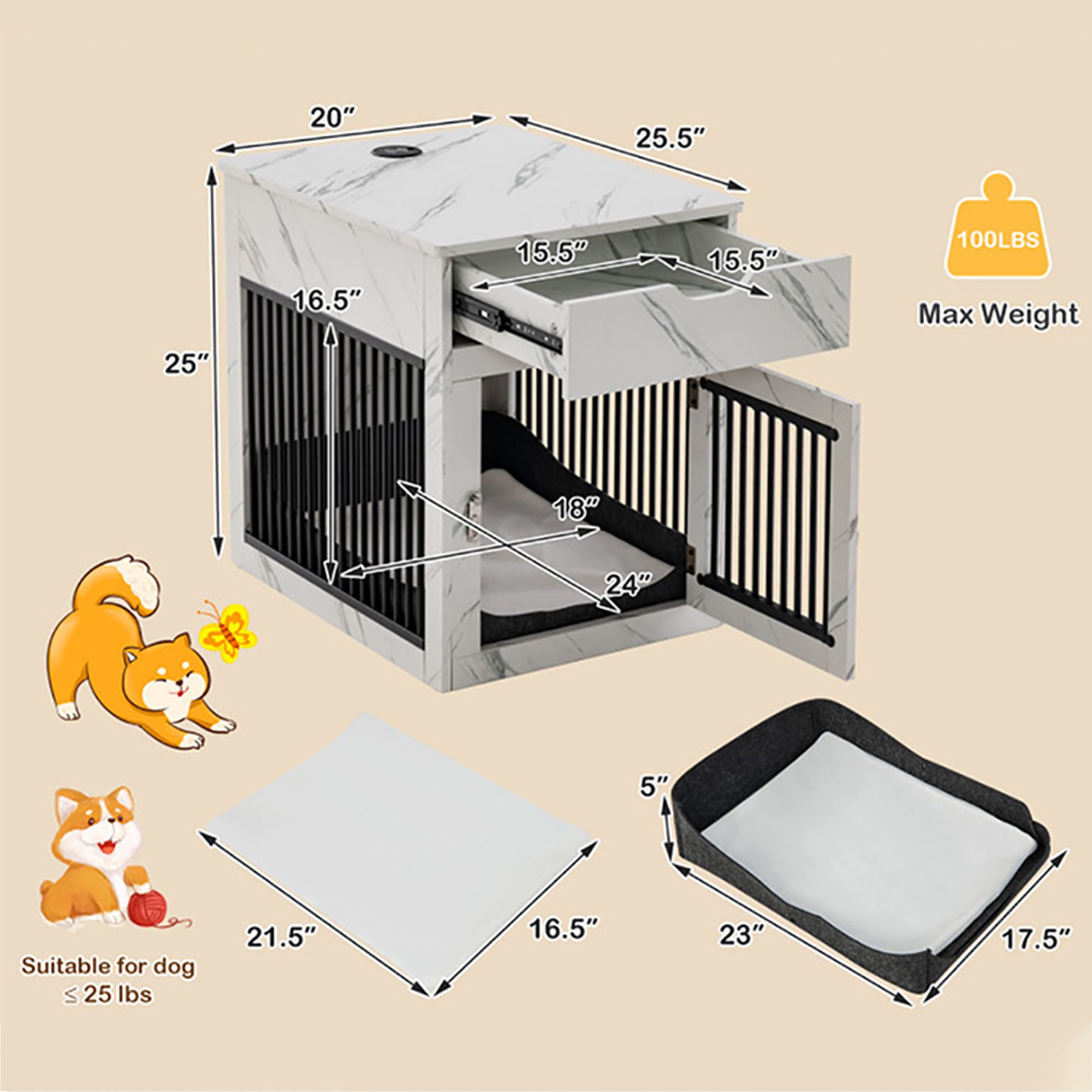 Kadyn 27" 2-In-1 Dog House with Drawer and Wired Wireless Charging, Indoor Dog Crates, Wooden Pet Dog Cages, White