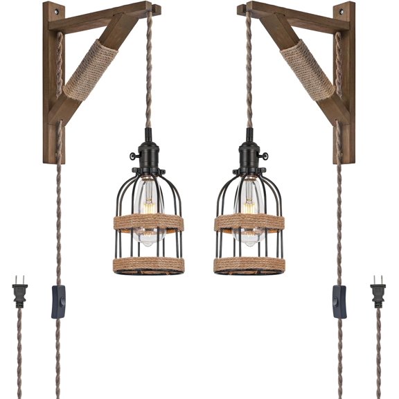 KEESFU Farmhouse Dimmable 2-Light Black Plug-in Wall Sconces with Bowl 2 Count