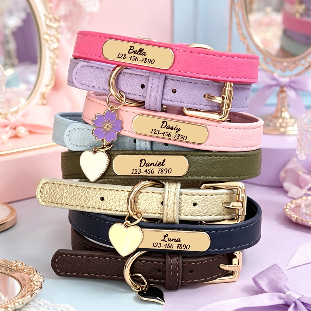 Pet Artist Luxury & Soft Leather Personalized Dog Collar and Pendant Pet Puppy Cat ID Nameplate Engraved for Small Medium Dogs
