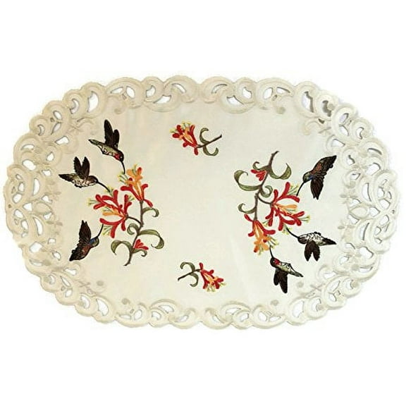 Doily Boutique Placemat or Doily Embroidered with Hummingbirds on Ivory Material, Size 11 x 17 inches