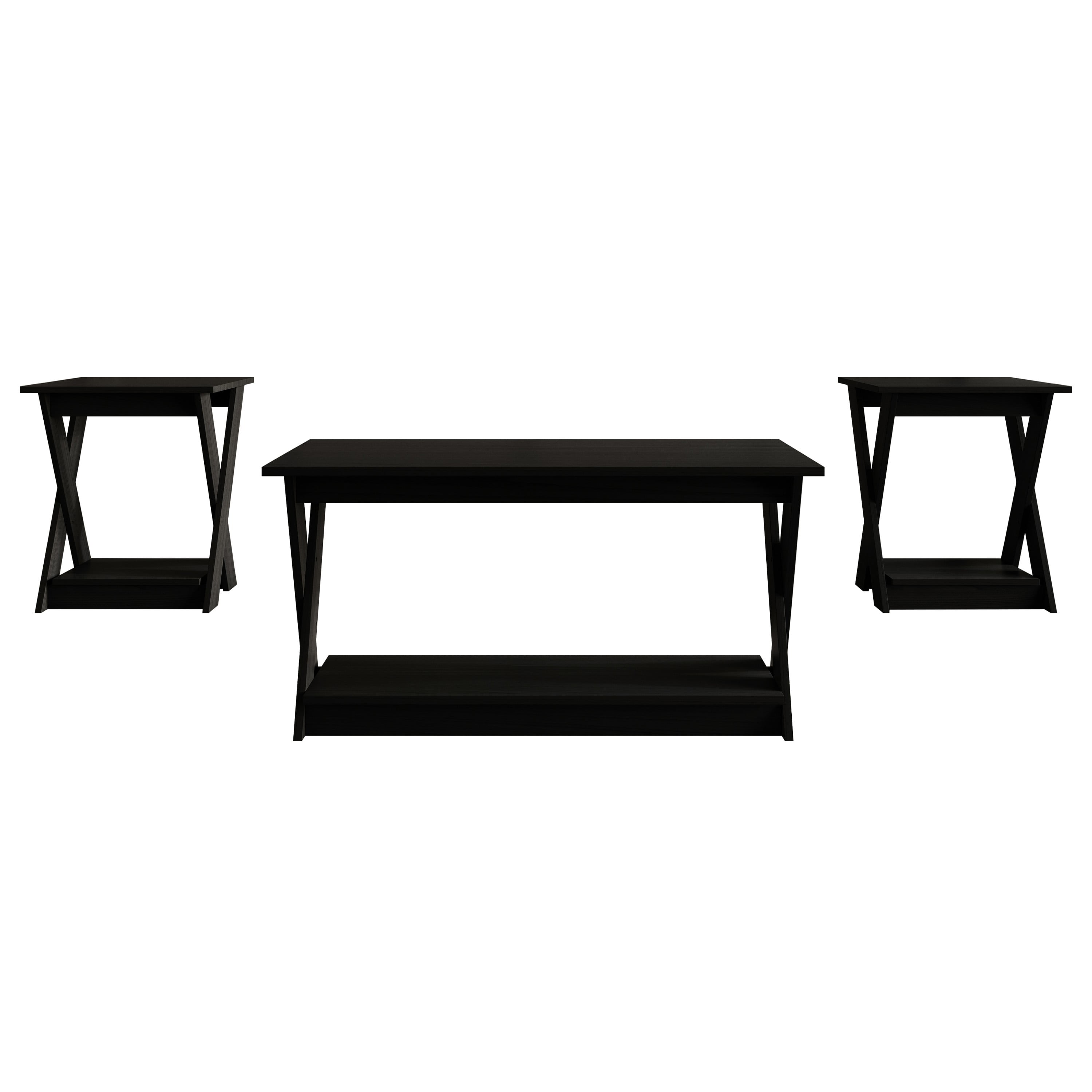 Home Design Emporia 3-Piece Coffee Set with Crossed-Leg Design and Lower Shelf, Wide Plank, Black, Modern Living Room