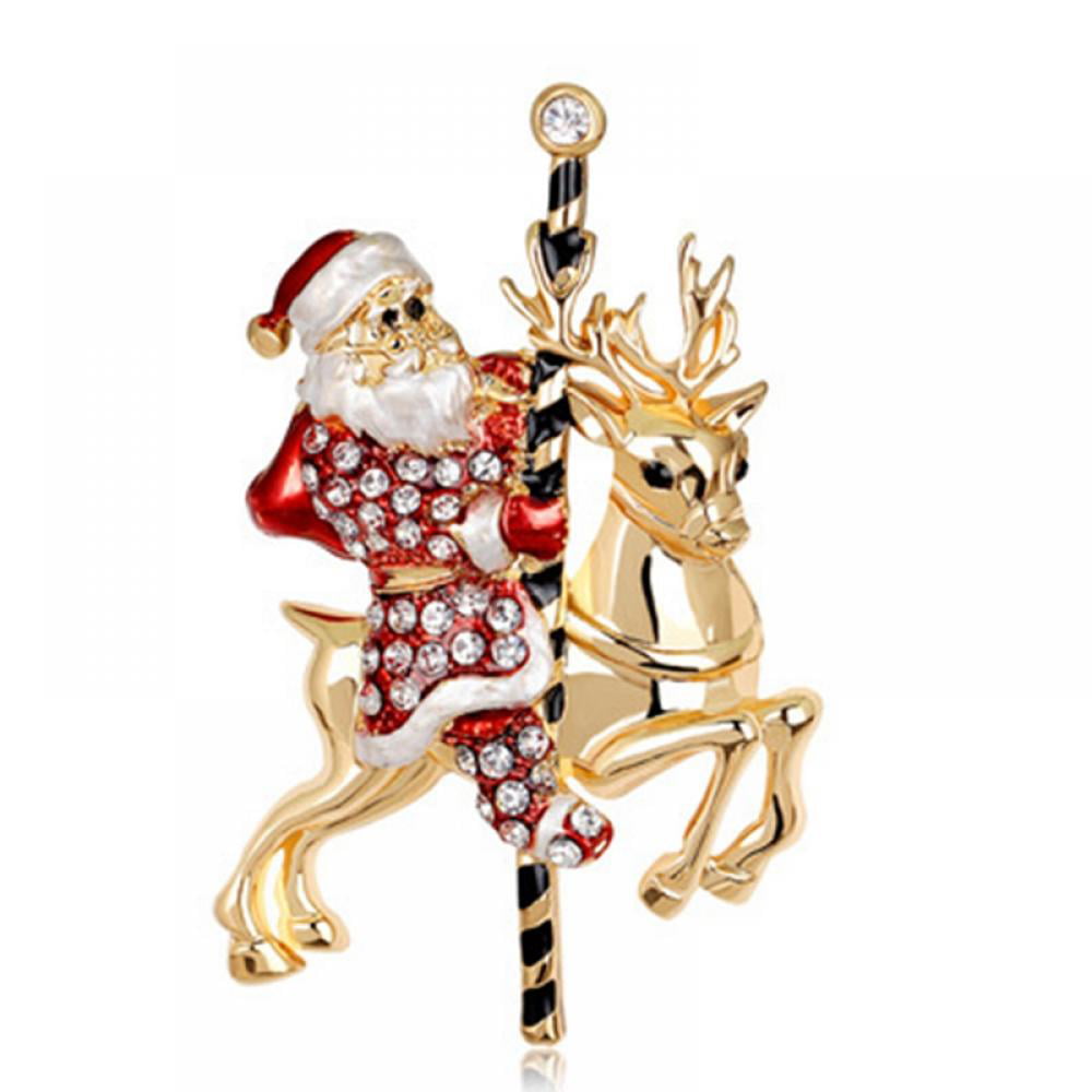 Handmade Christmas Gold-Tone Rhinestone Santa Claus Snowman Brooch Pins Crystal 