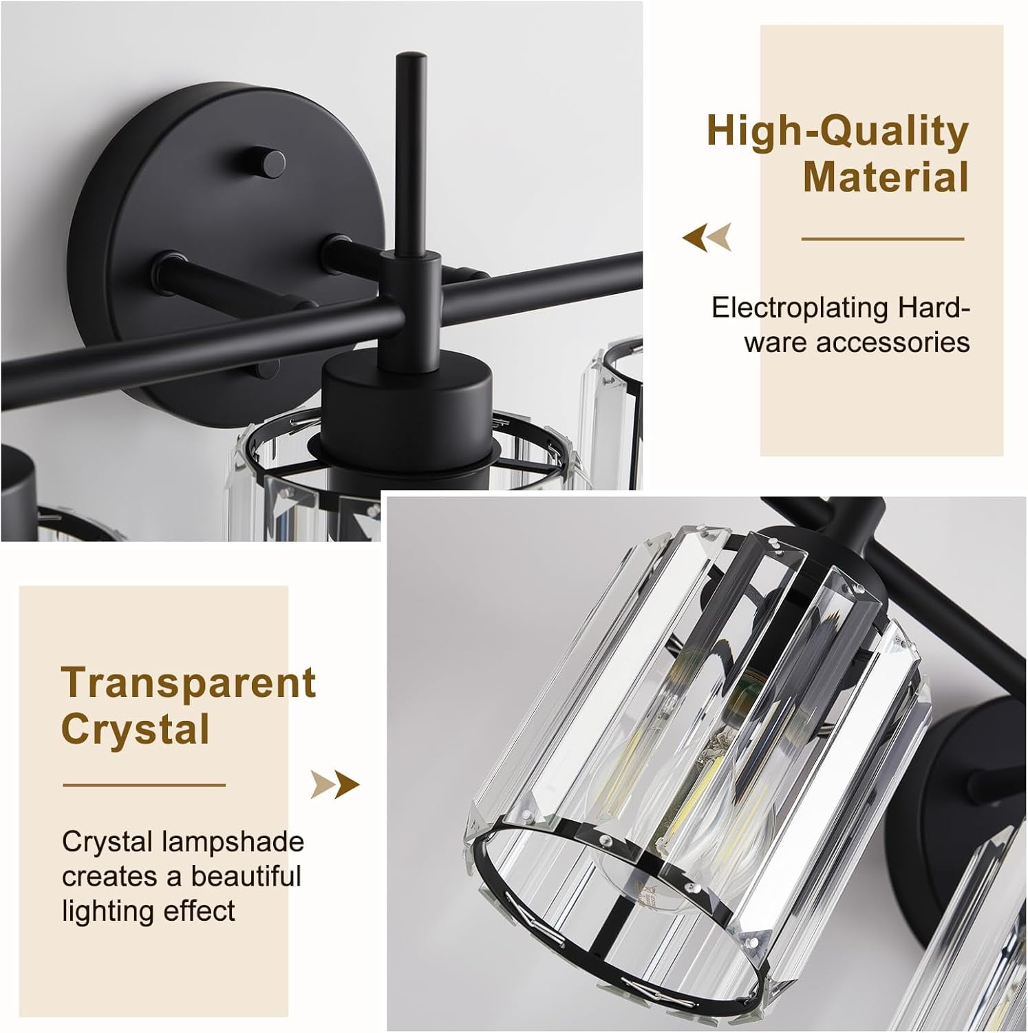 NATYSWAN 4 Light Round Crystal Vanity Lights, Modern Black Crystal Wall Light Bath Mirror Light Fixture Over Mirror Bathroom Wall Sconces for Bathroom Living Room
