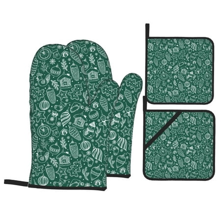 

Oven Mitts and Pot Holders Sets 4 pcs - Green christmas Heat Resistant Silicone Oven Gloves with Non-Slip Silicone Surface and hot pads for kitchen Baking Cooking BBQ