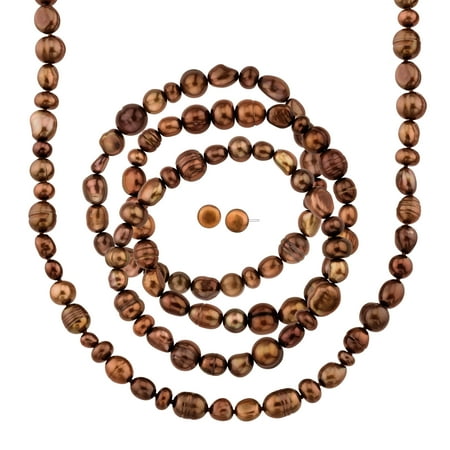 Natural Freshwater Chocolate Pearl Chocolate Freshwater Cultured Pearl Necklace, Earring & Bracelet Set with Sterling Silver ()