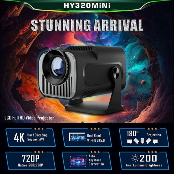HY320 Mini Native 720P Android 11 Projector 200ANSI Wifi6 BT5.0 Cinema Outdoor Portable 180° Rotable Projector,US Plug