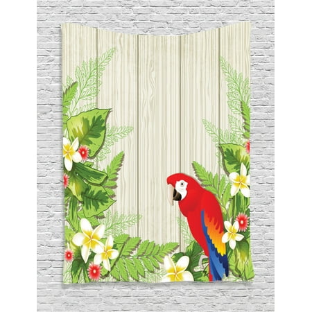 Wall Accessories Living Room Parrots Decor Wall Hanging Tapestry, Tropic Flowers And African Parrot In Summer Garden Wooden Wall Ferns Decorative Art, Bedroom Living Room Dorm Accessories, By Ambesonne ()