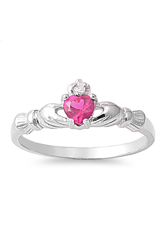 Benediction of the Claddagh Simulated Ruby Cubic Zirconia Ring Sterling Silver 925