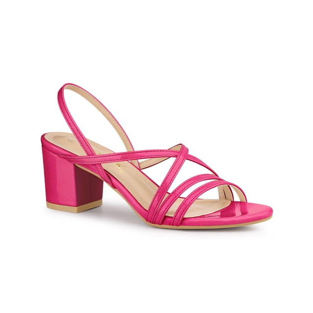 BLISSFUL STEP Women's Solid Color Strappy Slingback Block High Heels Sandals Hot Pink 6