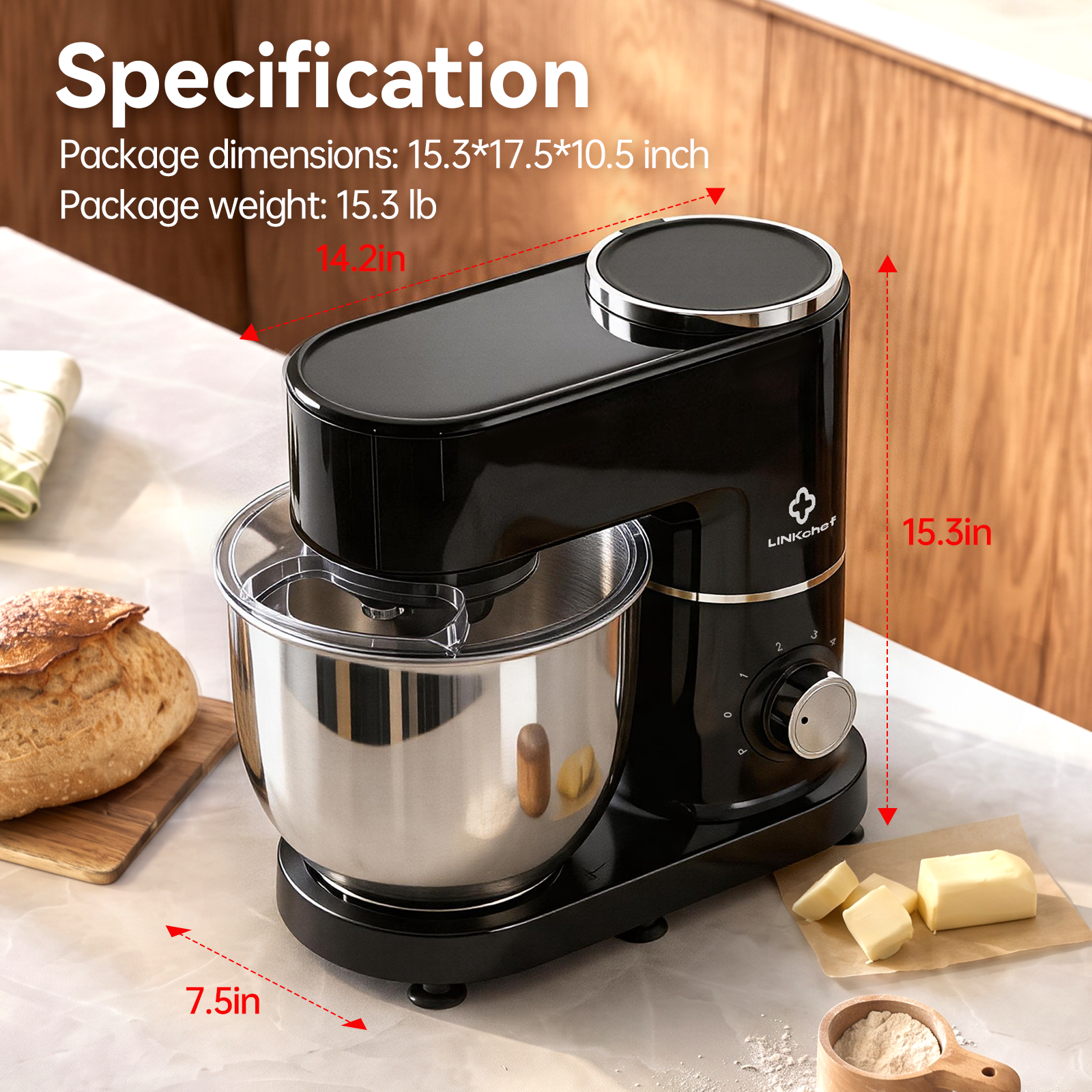LINKChef 7.5-Quart Stand Mixer, 800W 6-Speed, Black photo 8