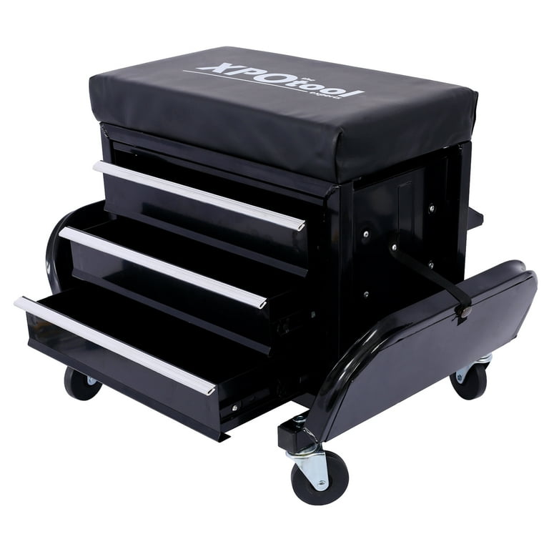 350 Pound Capacity Garage Glider Rolling Tool Chest Seat Mechanics Roller Seat with 3 Drawers Rolling Tool Chest Garage Chair Toolbox on Wheels