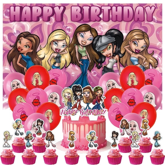 32 PCS For Bratz Cartoon-Themed Party Decorations and Favors Set – Backdrop, 18 Balloons, and 13 Cupcake Toppers for Celebration Birthday Parties Supplies