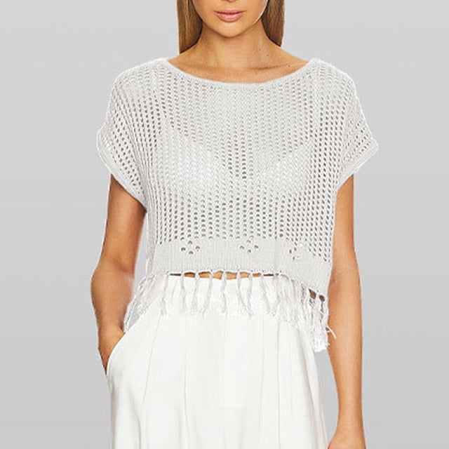 Bonanza Rabais, Blouse Décontractée à Franges Manches Courtes Col Rond Ample pour Femmes, Tunique Découpée pour l'Été Style/acrylique, Beige,Sopatenor