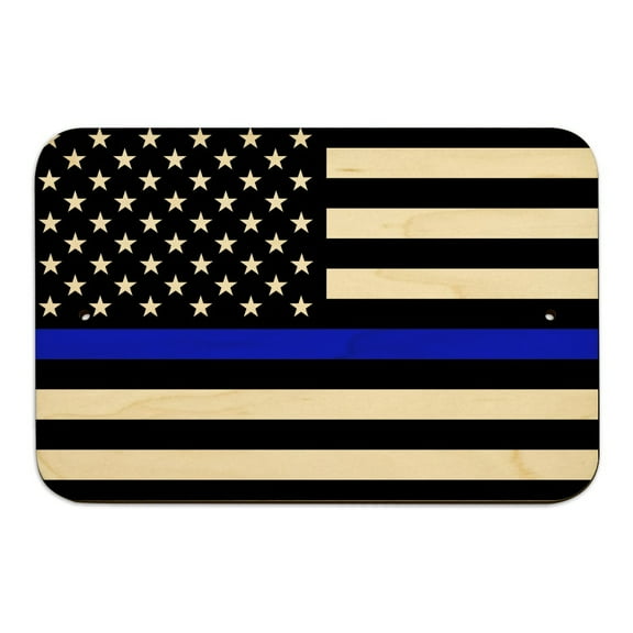 Thin Blue Line American Flag Home Business Office Sign - Wood - 6" x 9" (15.3cm x 22.9cm)