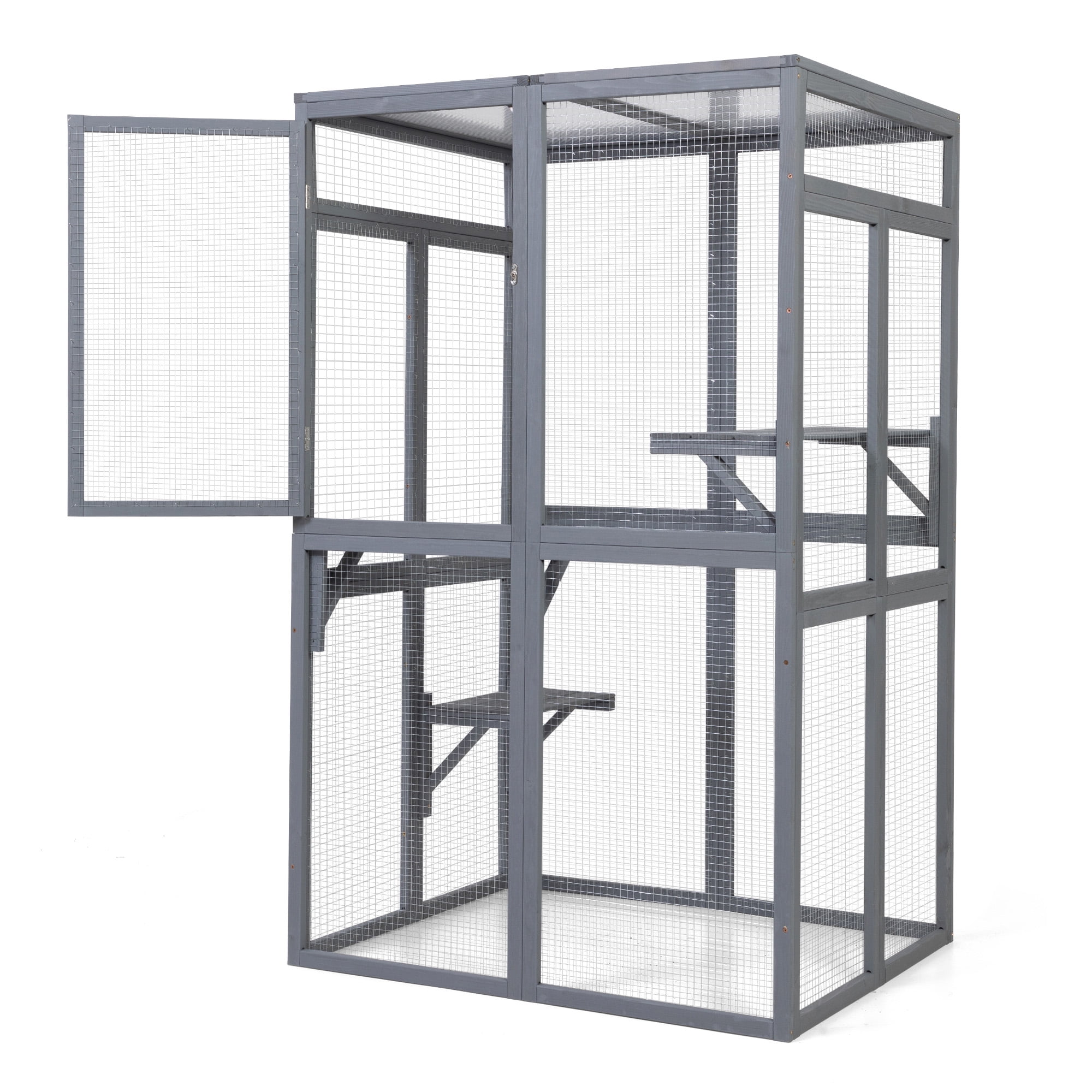 Pefilos 64" Cat House Outdoor Catio Cat Enclosures Wooden Kitty House with Platforms, Waterproof Roof, Hammock, Gray Pefilos 64" Cat House Outdoor Catio Cat Enclosures Wooden Kitty House with Platforms, Waterproof Roof, Hammock, Gray